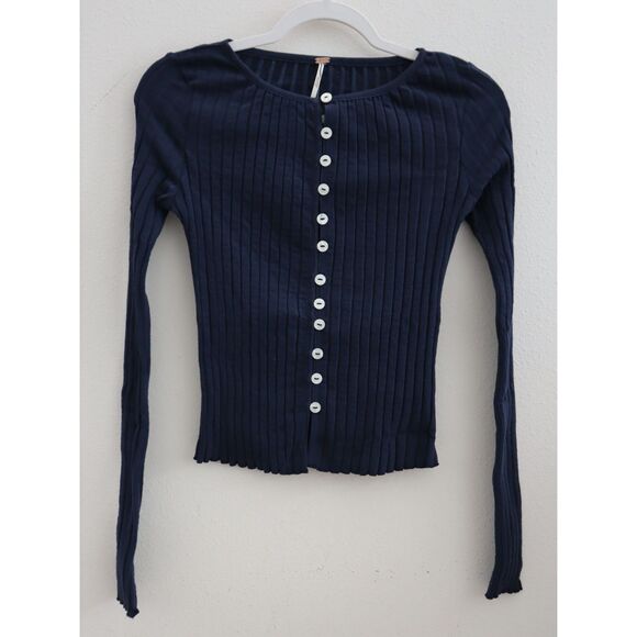 Free People OB2149766 Women's Sz XS Navy Blue Tilly Ribbed Knit L/S Top - Picture 1 of 6